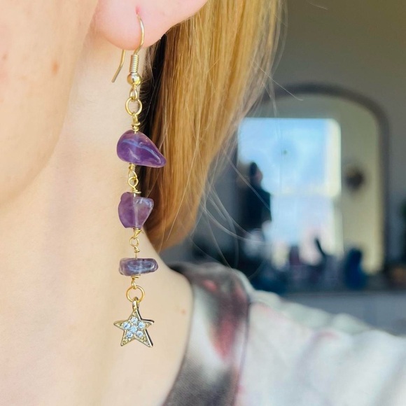 Celestial Moon & Star Healing Crystal Earrings - Amethyst Sparkly Gold Earrings - Picture 3 of 3